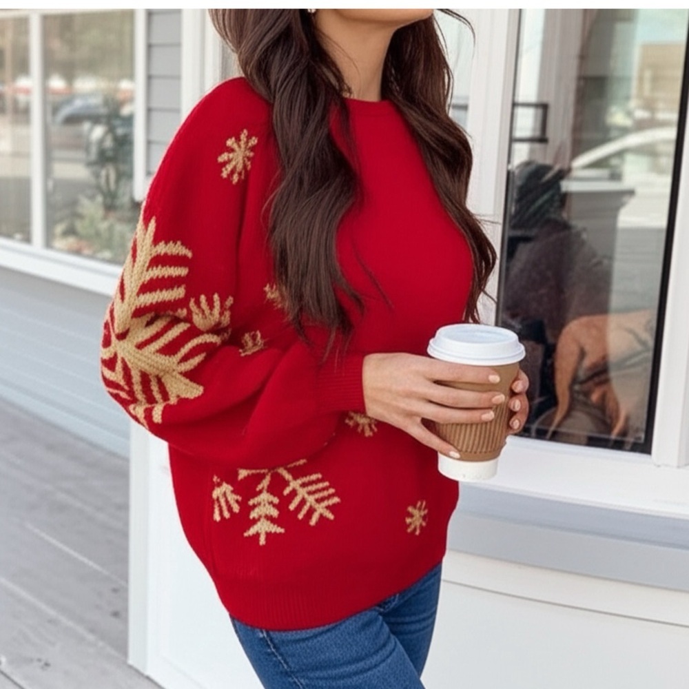 Southern Grace Red Crewneck Sweater with Gold Snowflake Accents